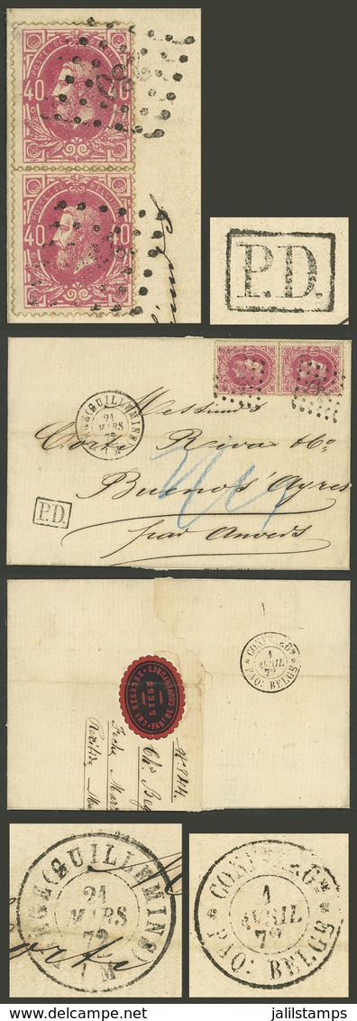 BELGIUM: PAQUEBOT BELGE: 21/MAR/1872 Liége - Buenos Aires, Folded Cover Franked With 80c.(Sc.35 Pair) With Double Numera - Altri & Non Classificati