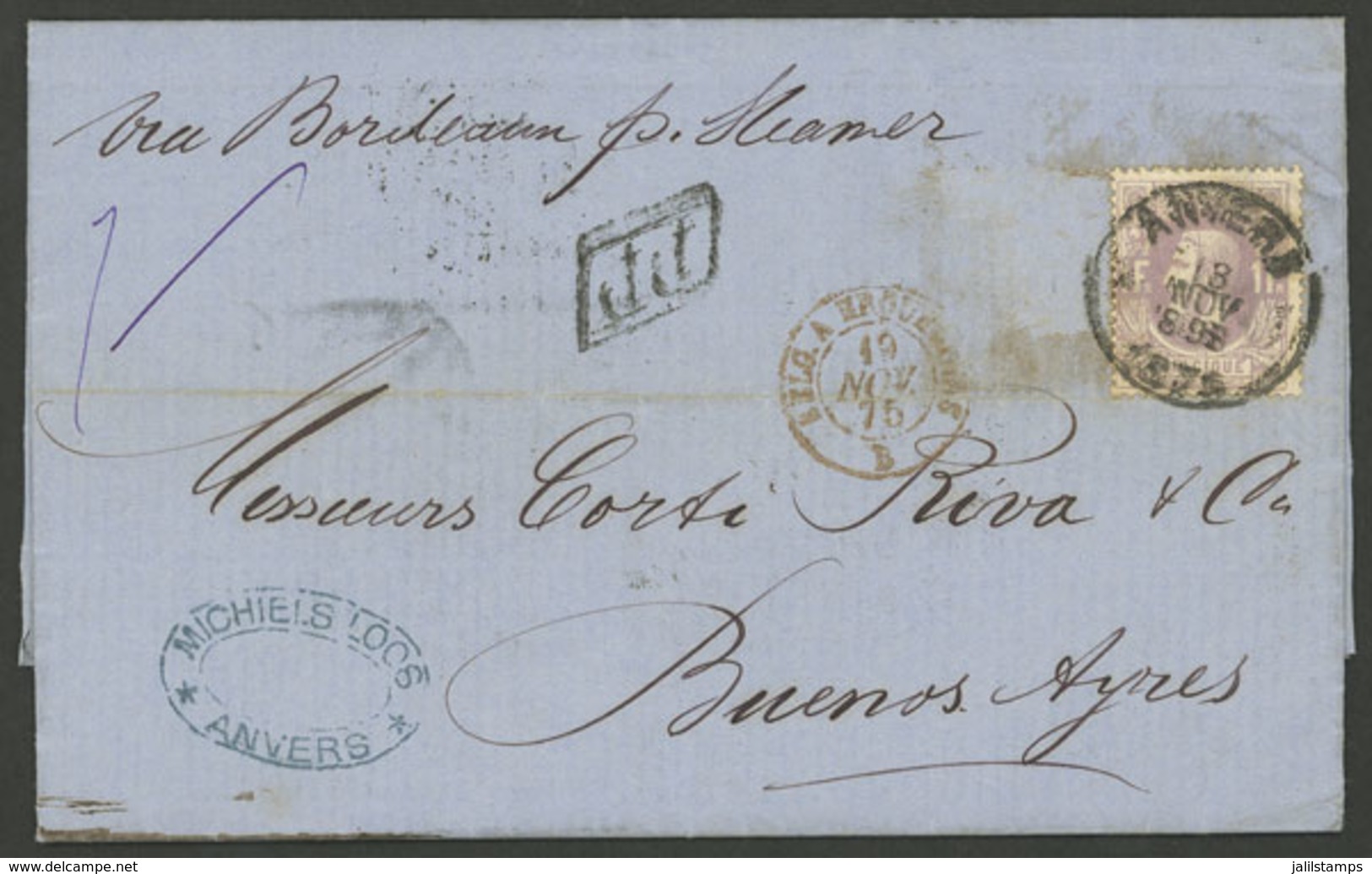 BELGIUM: 18/NO/1875 Anvers - Buenos Aires By French Mail, Entire Letter Franked By Sc.36 ALONE With Datestamp Of ANVERS  - Otros & Sin Clasificación