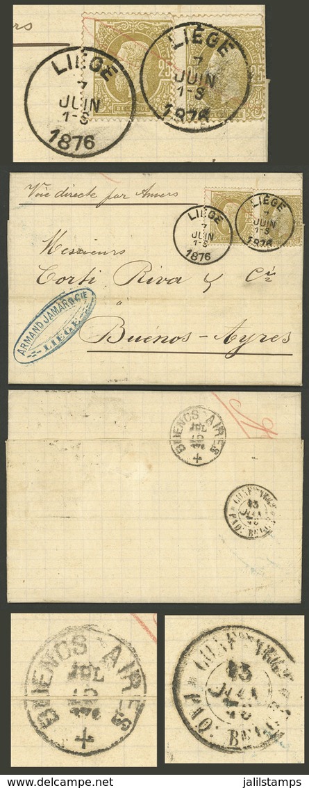 BELGIUM: PAQUEBOT BELGE: 7/JUN/1876 Liége - Buenos Aires, Entire Letter Franked 50c. Alone! (Sc.37 Pair) With Double Dat - Sonstige & Ohne Zuordnung