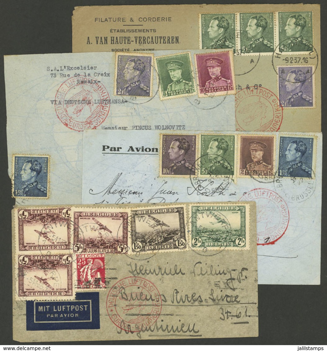 BELGIUM: 4 Airmail Covers Sent To Argentina Between 1935 And 1937 By DLH Germany, Handsome Postages And Postal Markings, - Other & Unclassified
