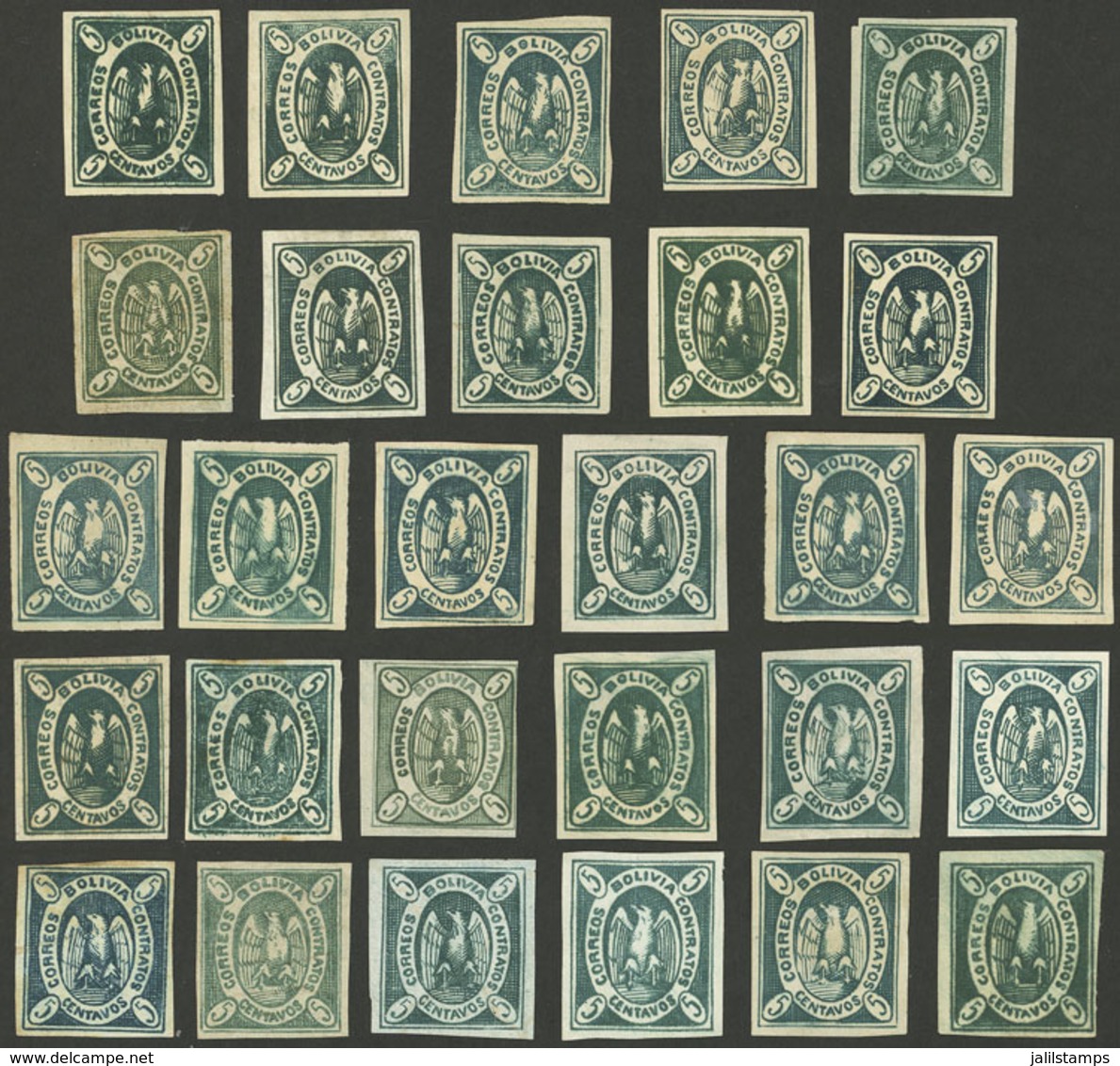 BOLIVIA: Sc.1, 1867/8 Condor 5c. Green, 28 Mint Examples (about 10 With Original Gum), Most Genuine And Of Excellent Qua - Bolivien