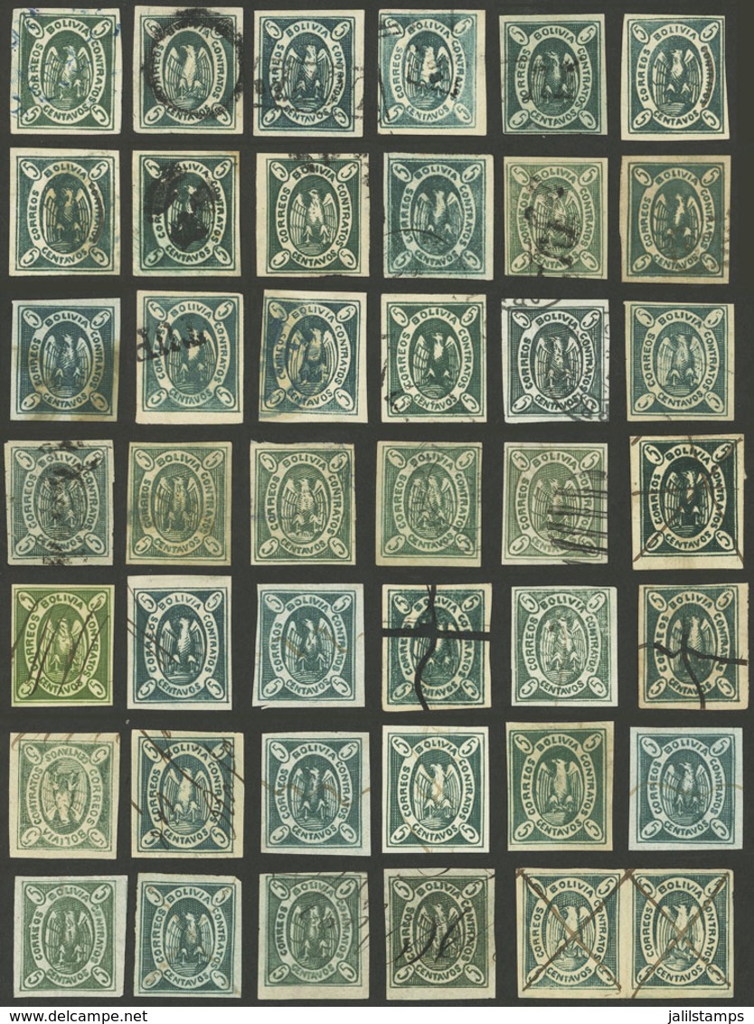 BOLIVIA: Sc.1, 1867/8 Condor 5c. Green, 23 Used Examples With Varied Cancels + 19 Pen Cancelled, There Is A Wide Range O - Bolivien