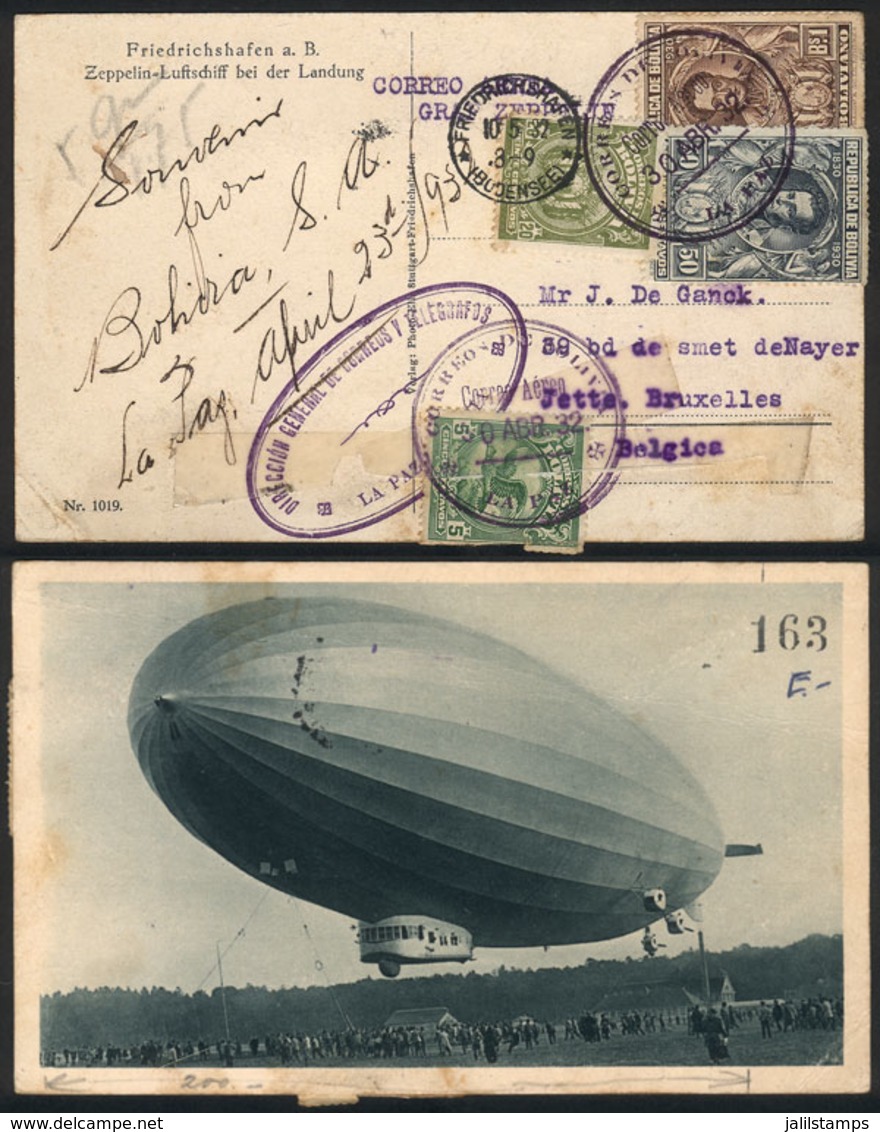 BOLIVIA: 30/AP/1932 La Paz- Belgium, Postcard Flown By ZEPPELIN, With Friedrichshafen Cancel Of 10/MAY, With Some Defect - Bolivie