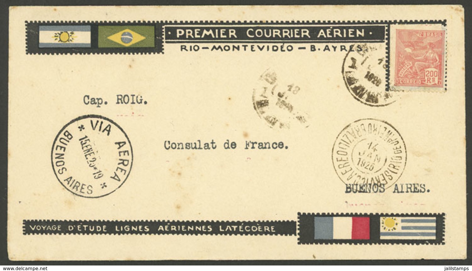 BRAZIL: 14/JA/1925 Rio - Buenos Aires, Special Cover Carried On Experimental Flight Of Latecoere Airlines On Vaché Airpl - Lettres & Documents