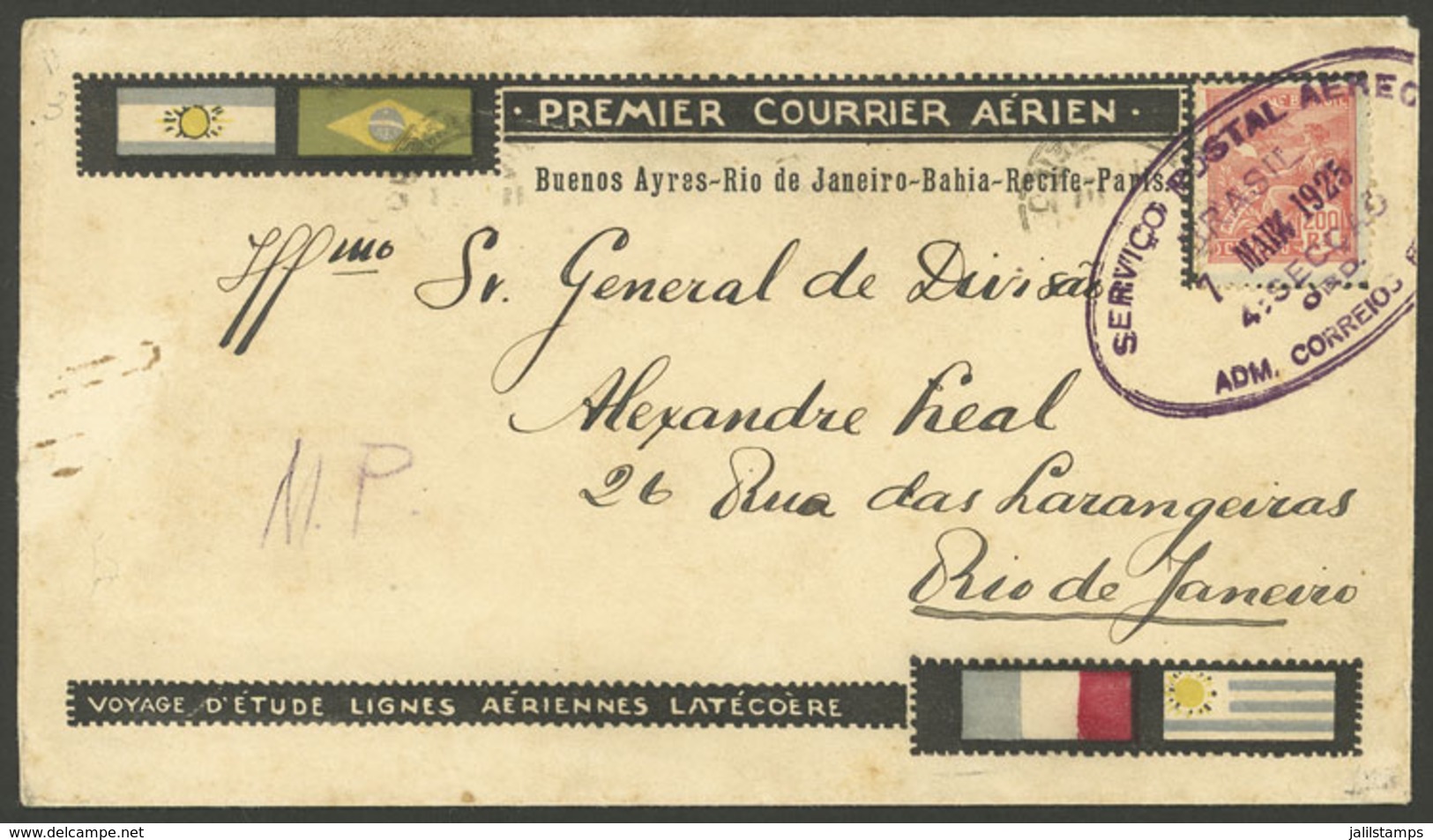 BRAZIL: 9/MAR/1925 Pernambuco - Rio De Janeiro, Special Cover Of Test Flight Of Latecoere Airlines, With Arrival Backsta - Storia Postale