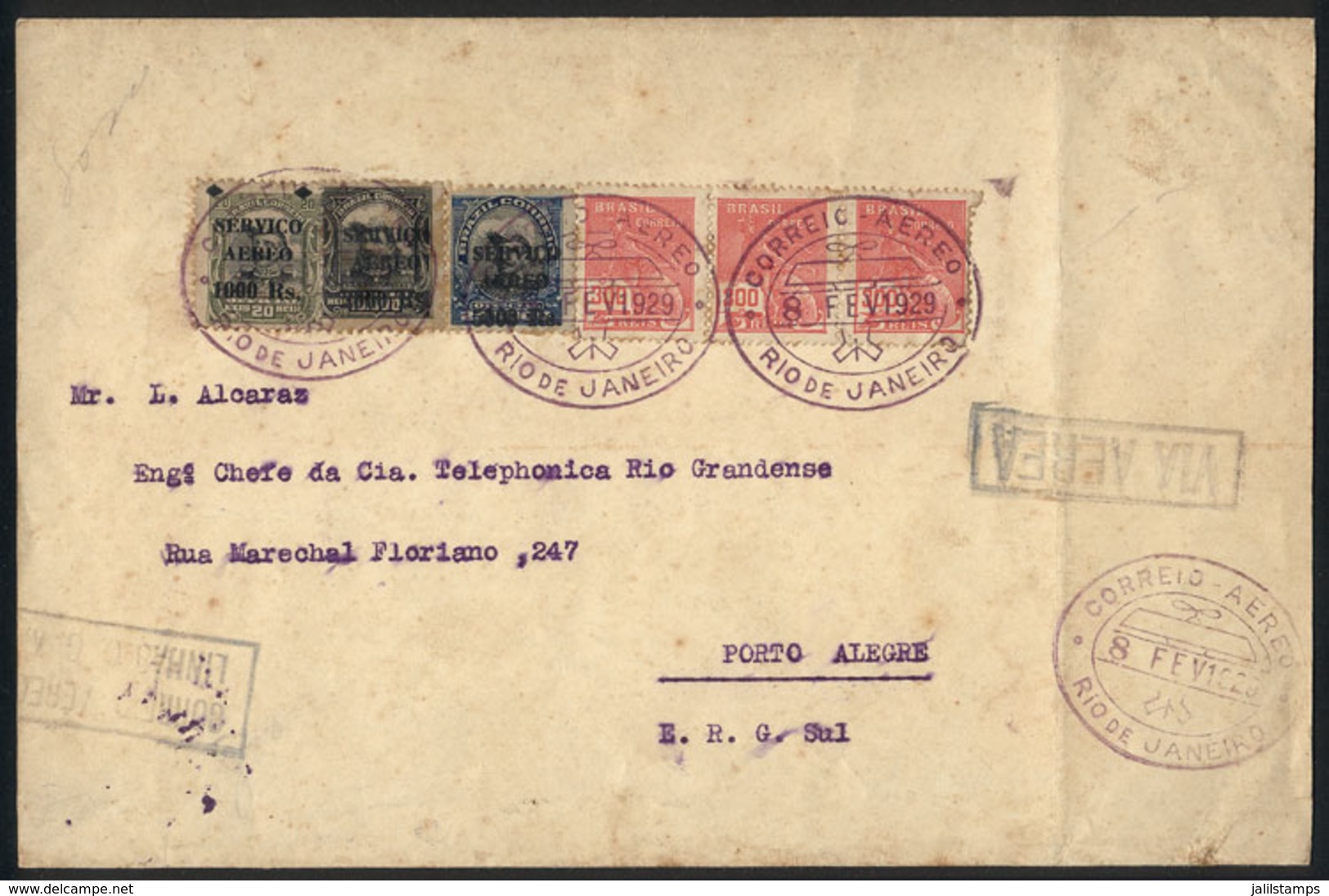 BRAZIL: 8/FE/1929 Rio De Janeiro - Porto Alegre, Cover Carried By C.G.A. Flight, With Arrival Backstamp Of 11/FE, Very N - Storia Postale