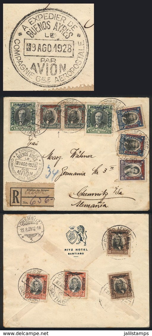 CHILE: 2/AU/1928 Santiago - Buenos Aires - Germany, Registered Airmail Cover With Nice Multicolor Postage, Sent First To - Chili