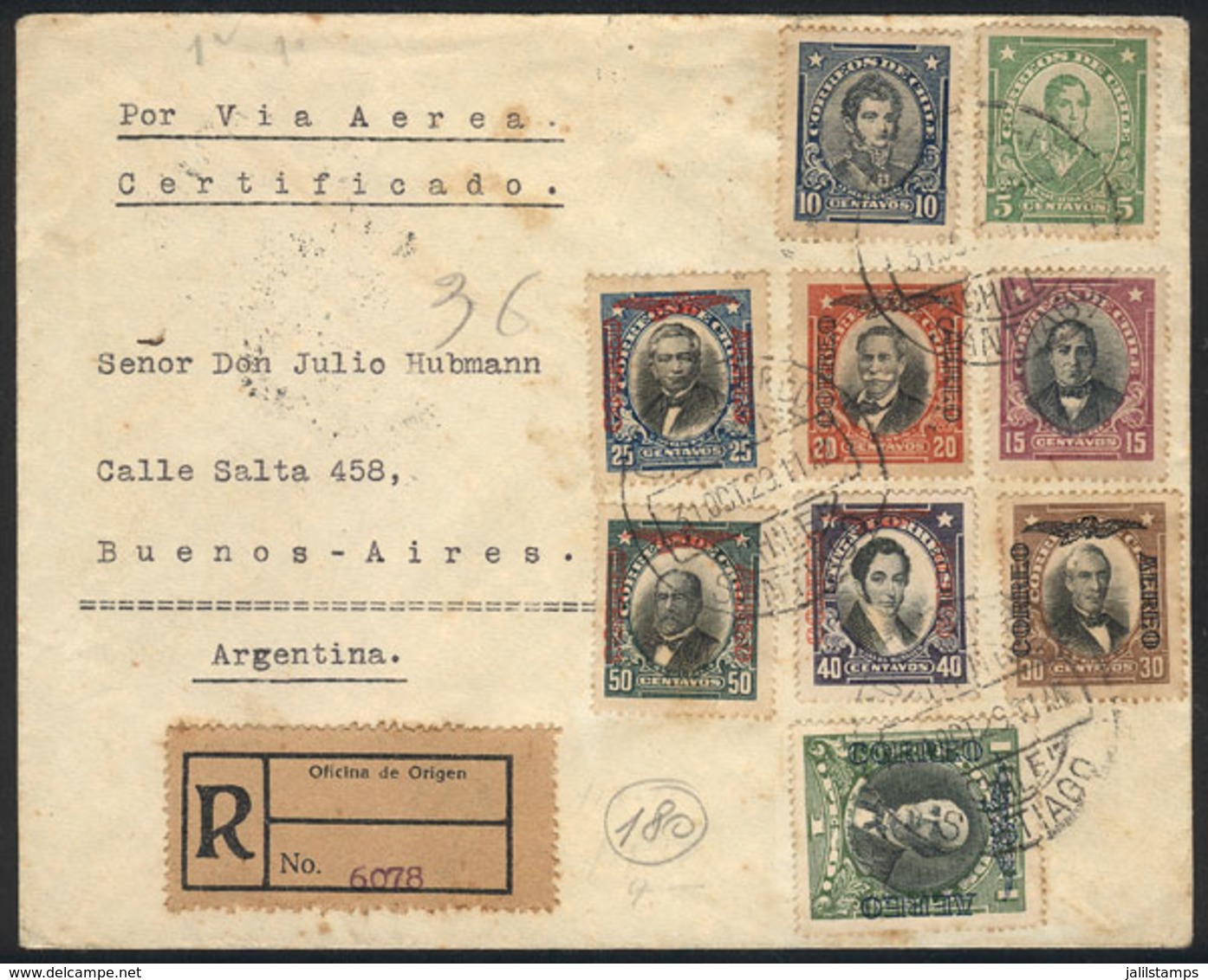 CHILE: 31/OC/1929 Santiago - Buenos Aires, Registered Airmail Cover Sent By C.G.A. With Very Nice Multicolor Franking, A - Chile