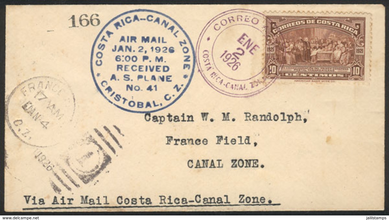 COSTA RICA: 2/JA/1926 First Flight San José - Cristobal (Canal Zone), Cover With Special Handstamp And Arrival 4/JA, All - Costa Rica