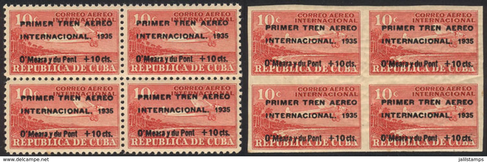 CUBA: Sc.C16 + C17, 1935 Primer Tren Aéreo Internacional, Perforated And Imperf Blocks Of 4, MNH, VF Quality - Posta Aerea