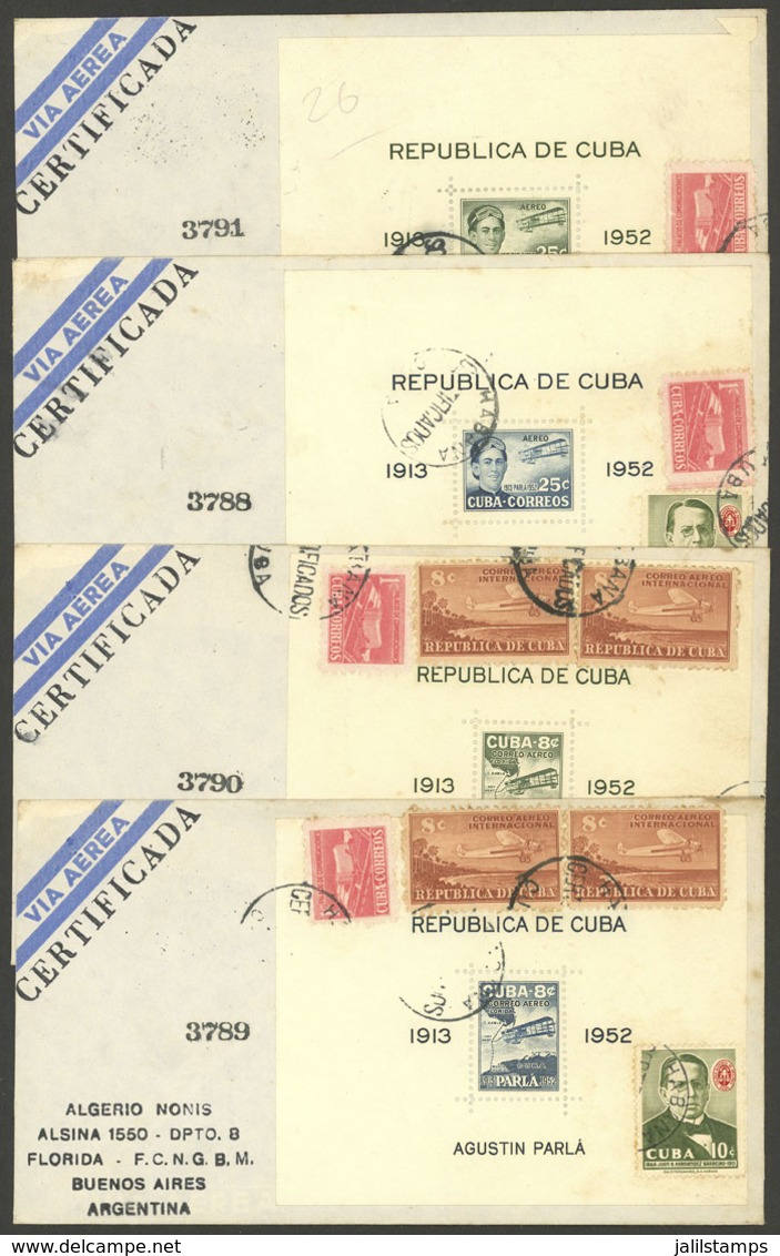 CUBA: Yvert 10/13, 1952 Agustín Parlá Aviator, The Set Of 4 S.sheets On Covers Used In Argentina, Very Nice! - Hojas Y Bloques