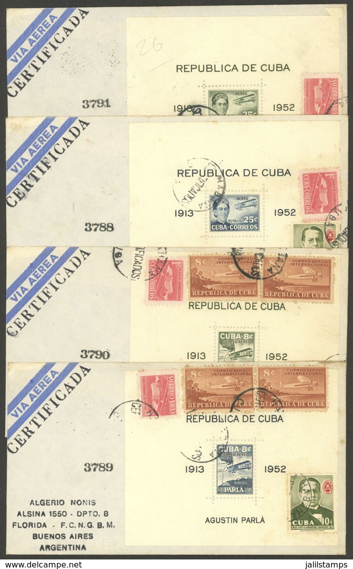 CUBA: Yvert 10/13, 1952 Agustín Parlá Aviator, The Set Of 4 S.sheets On Covers Used In Argentina, Very Nice! - Blocchi & Foglietti