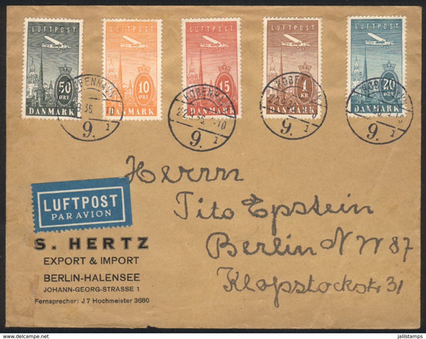DENMARK: Sc.C6/C10, 1934 Copenhagen Towers, Cmpl. Set Of 5 Values On Cover Cancelled 22/SE/1936, VF Quality! - Aéreo
