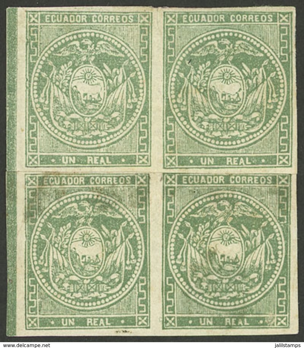 ECUADOR: Sc.5, 1865/72 Un Real Green, TWO PAIRS Joined With Hinge To Form A Block Of 4 (originally They Were Not Part Of - Ecuador