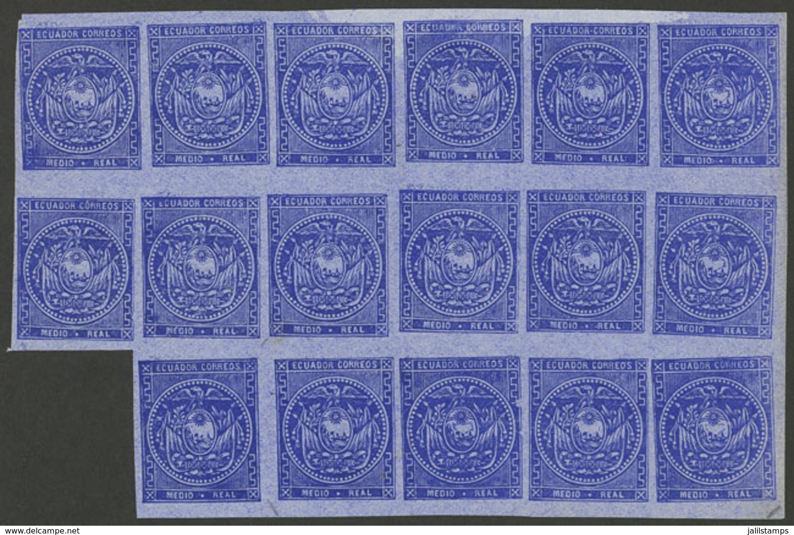 ECUADOR: Sc.7, 1871/2 ½R. Ultramarine On Bluish Paper, Splendid Block Of 17, MNH, Superb! - Ecuador