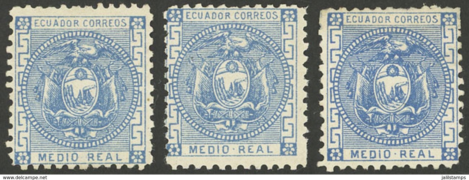 ECUADOR: Sc.9, 1872 ½R. Blue, 3 Examples Mint With Original Gum, One Without Dot Between MEDIO And REAL, Different Shade - Ecuador