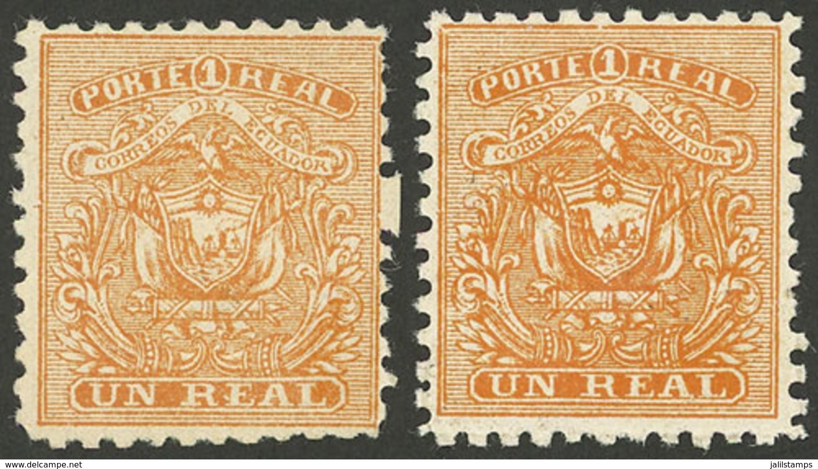 ECUADOR: Sc.10, 1872 1 Real, 2 Mint Examples (one Without Gum), Orange And Orange-red, VF Quality! - Ecuador