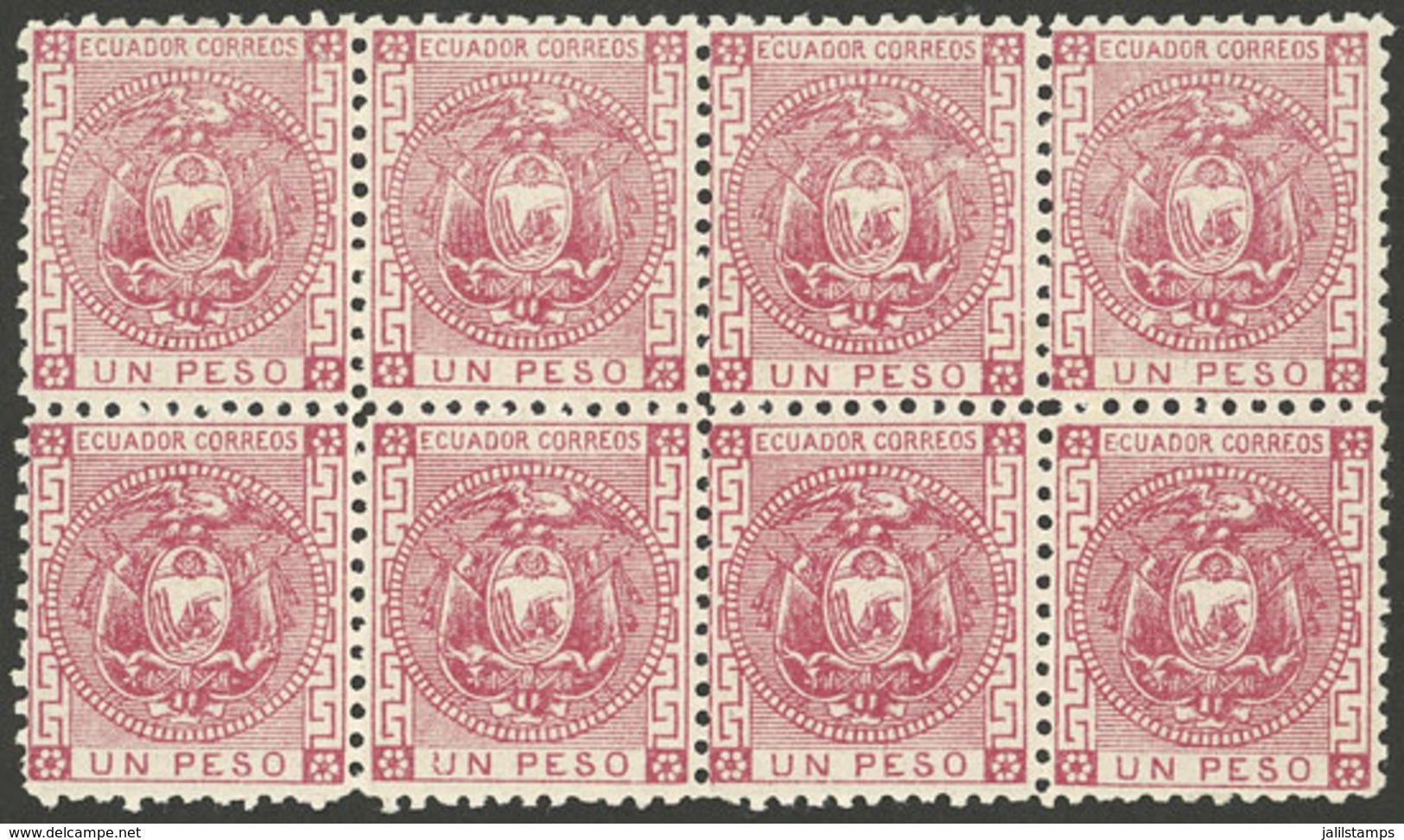 ECUADOR: Sc.11, 1872 1P. Rose, MNH Block Of 8 (only One With Hinge Trace), Excellent Quality! - Ecuador