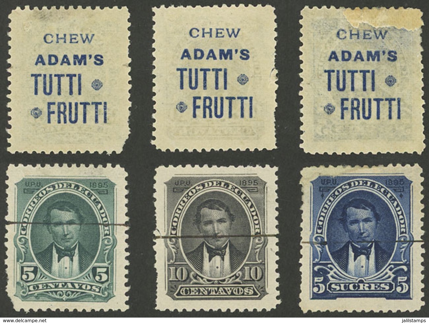 ECUADOR: Sc.49 + 50 + 54, 1895 5c., 10c. And 5S., PROOFS With ADVERTISING On Back For Adam's Chewing Gum, 2 With Defects - Ecuador