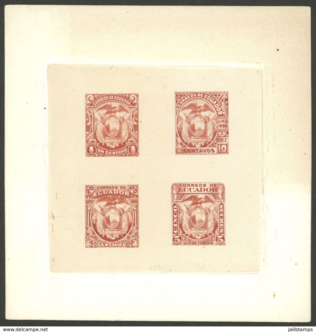 ECUADOR: Sc.55 + Other Values, 1896 MULTIPLE DIE PROOF With Values Of 1c., 10c., 20c. And 5S., Printed On Thin Paper On  - Ecuador