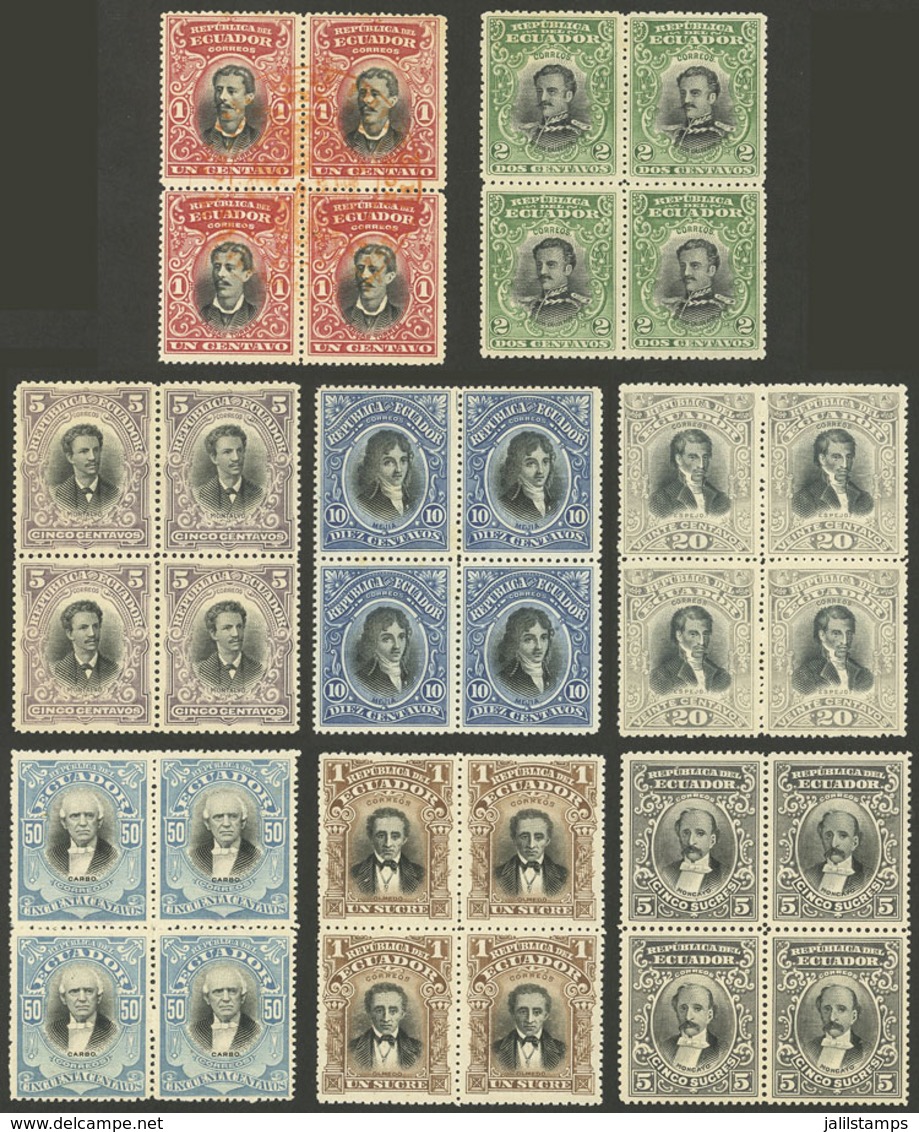 ECUADOR: Sc.145/152, 1901 Complete Set Of 8 Values In MNH Blocks Of 4, The 1c. Block With Red Control Mark, Excellent Qu - Ecuador