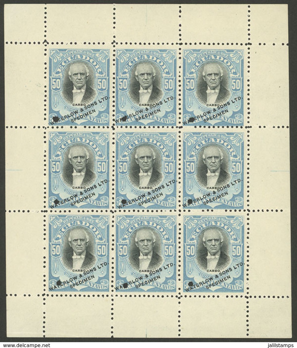 ECUADOR: Sc.150, 1901 50c. In Mini-sheet Of 9 SPECIMEN (with Punch Hole And Overprint), VF Quality! - Ecuador