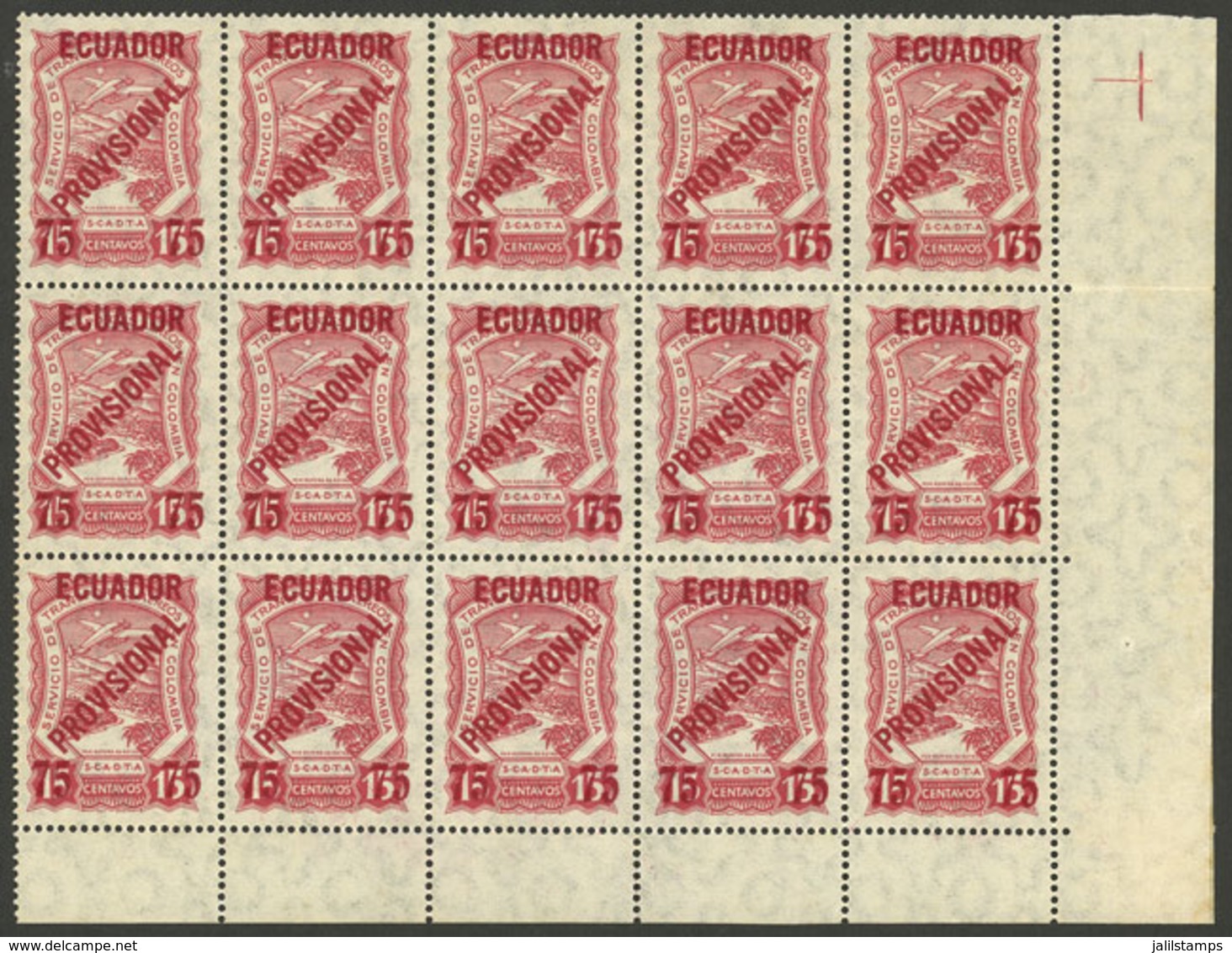 ECUADOR: Yvert 2, 1928 75c. On 15c. Carmine, Fantastic Block Of 15 Stamps With Sheet Corner, MNH Perfect, Impeccable As  - Ecuador