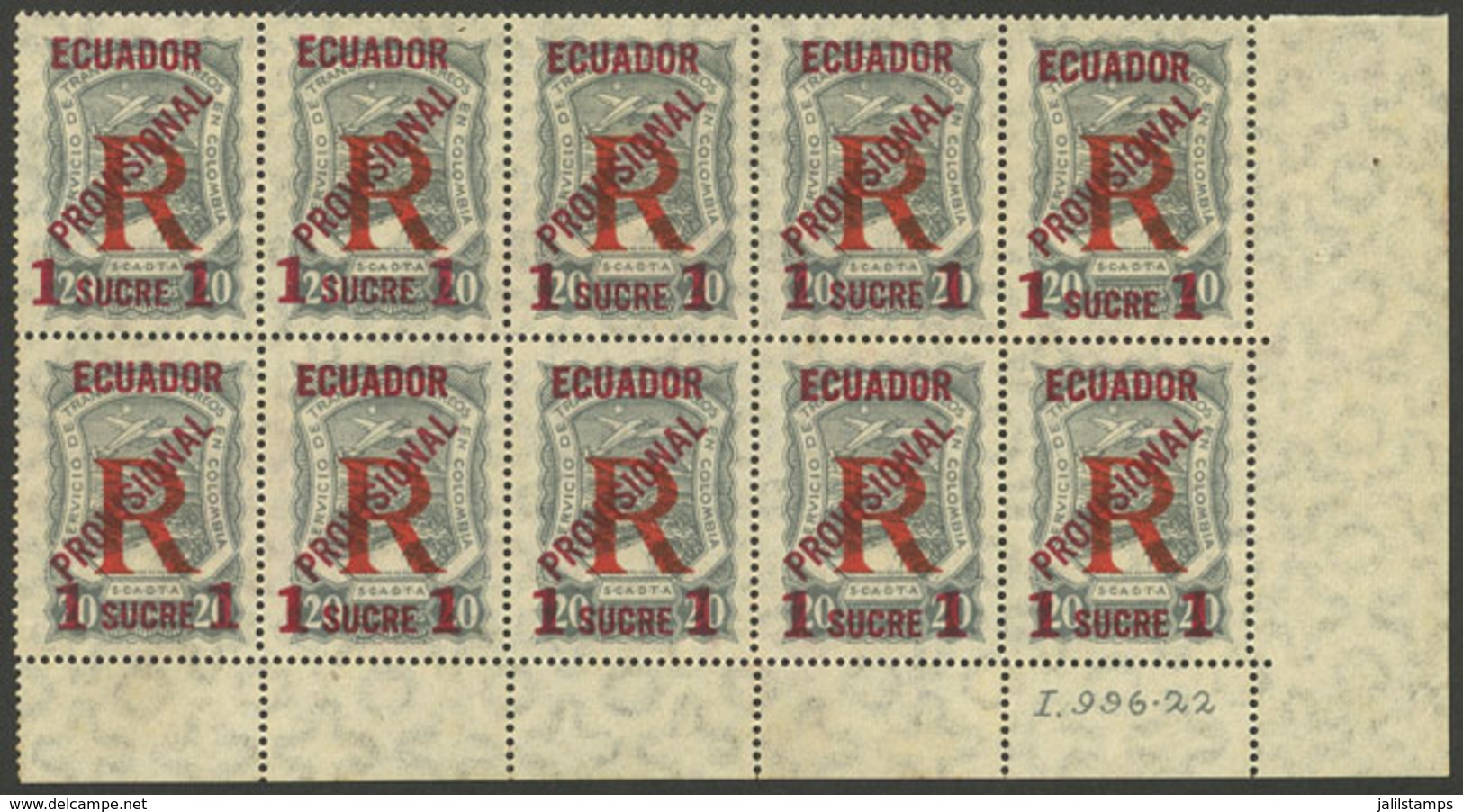 ECUADOR: Yvert 6, 1928 1S. On 20c. Gray, Large Corner Block Of 10 Stamps, MNH Perfect And Very Fresh (one Example With L - Ecuador