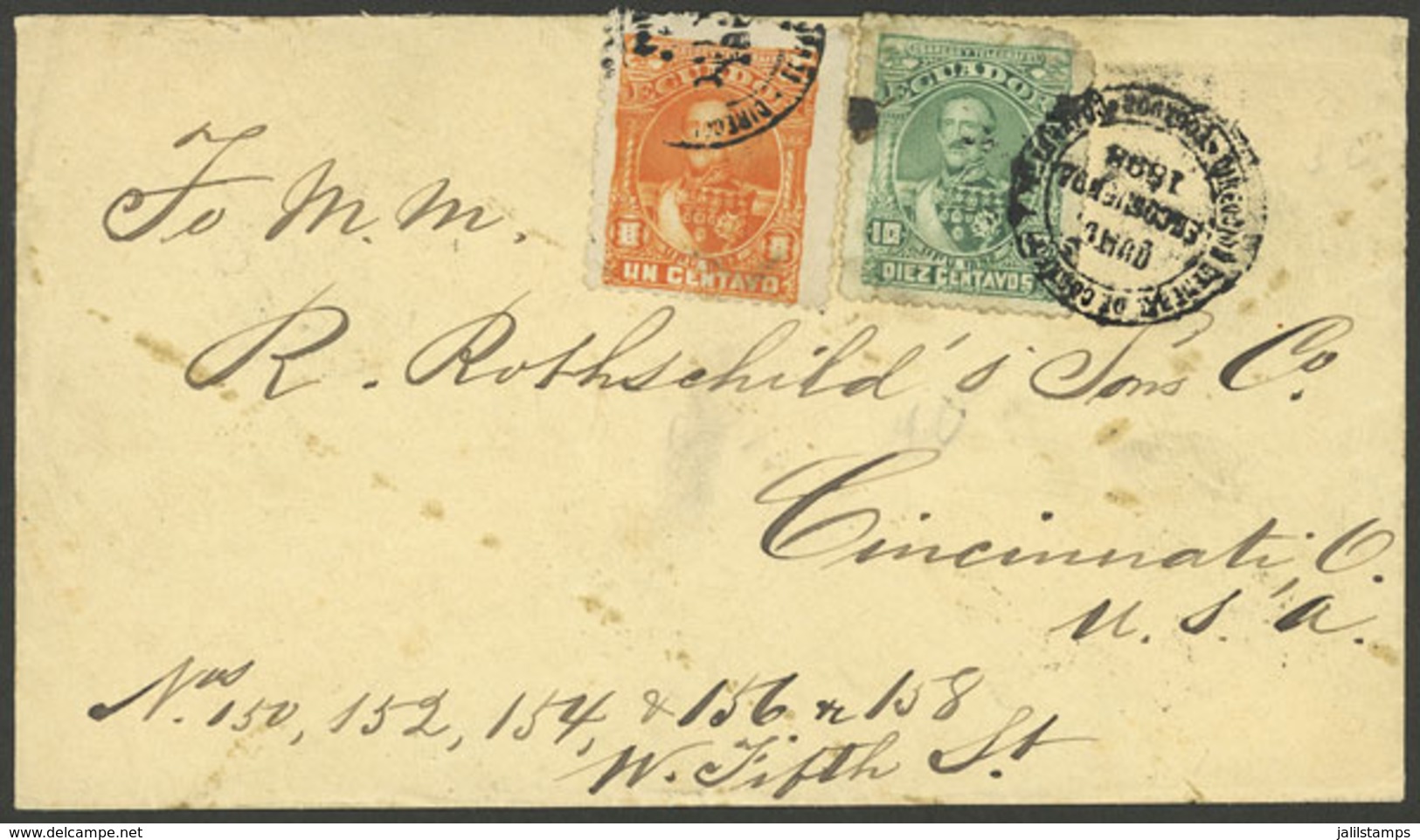 ECUADOR: OC/1893 Quito - USA, Cover Franked With 11c. (Sc.23 + 26), On Back Transit Mark Of New York 2/NO And Cincinatti - Ecuador