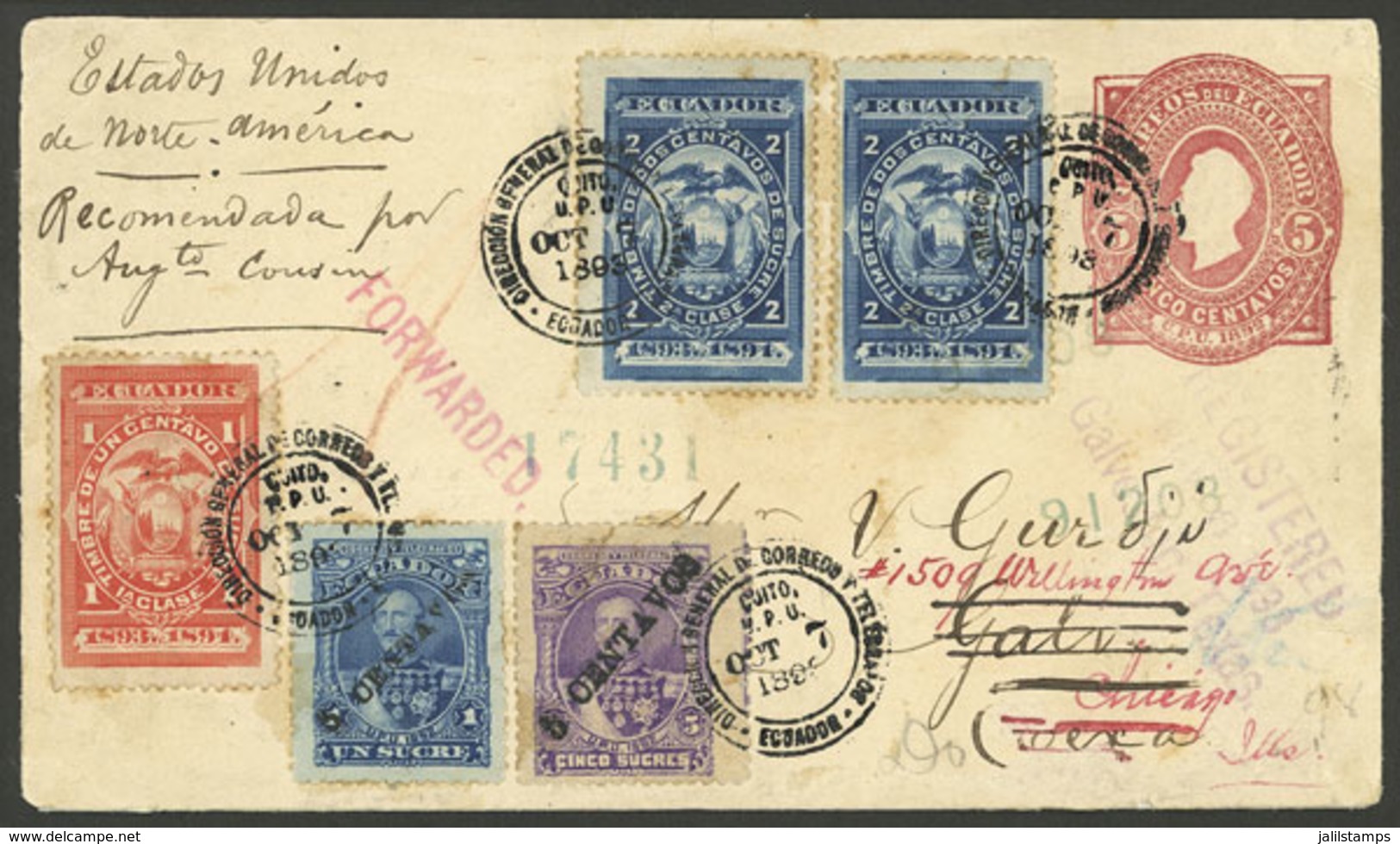ECUADOR: Fantastic Combined Postage: 5c. Stationery Envelope + Provisional Stamps Of 1893 With Overprint Type I And II,  - Ecuador