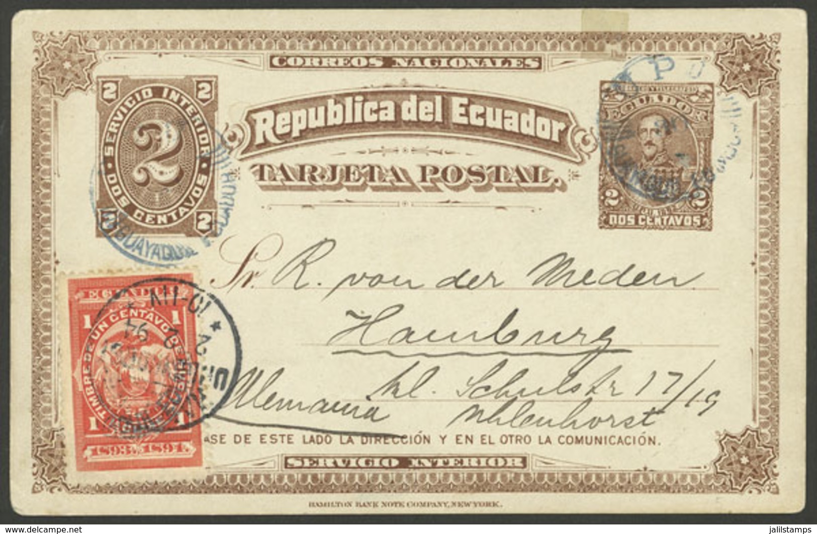 ECUADOR: REVENUE Stamp Used As Postage: 2c. Postal Card + 2c. + Revenue Stamp Of 1c., Sent From Guayaquil To Germany On  - Ecuador