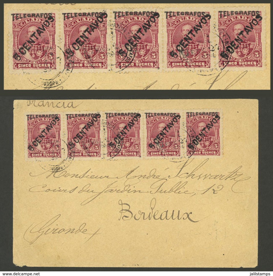 ECUADOR: 27/JA/1894 Quito - France, Cover Franked With Strip Of 5 Of 5c. Provisionals On Telegraph Stamp (Sc.38), With A - Ecuador