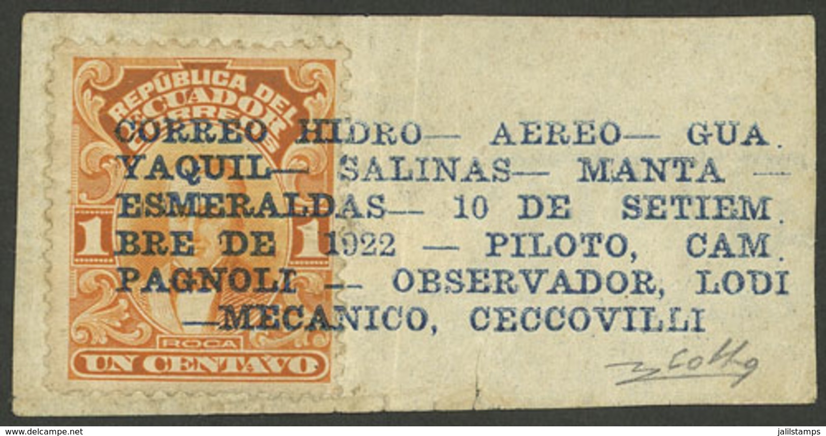 ECUADOR: 10/SE/1922 Special Flight Guayaquil - Salinas - Manta - Esmeraldas, Pilot Luigi Campagnoli And Observer Ettore  - Ecuador