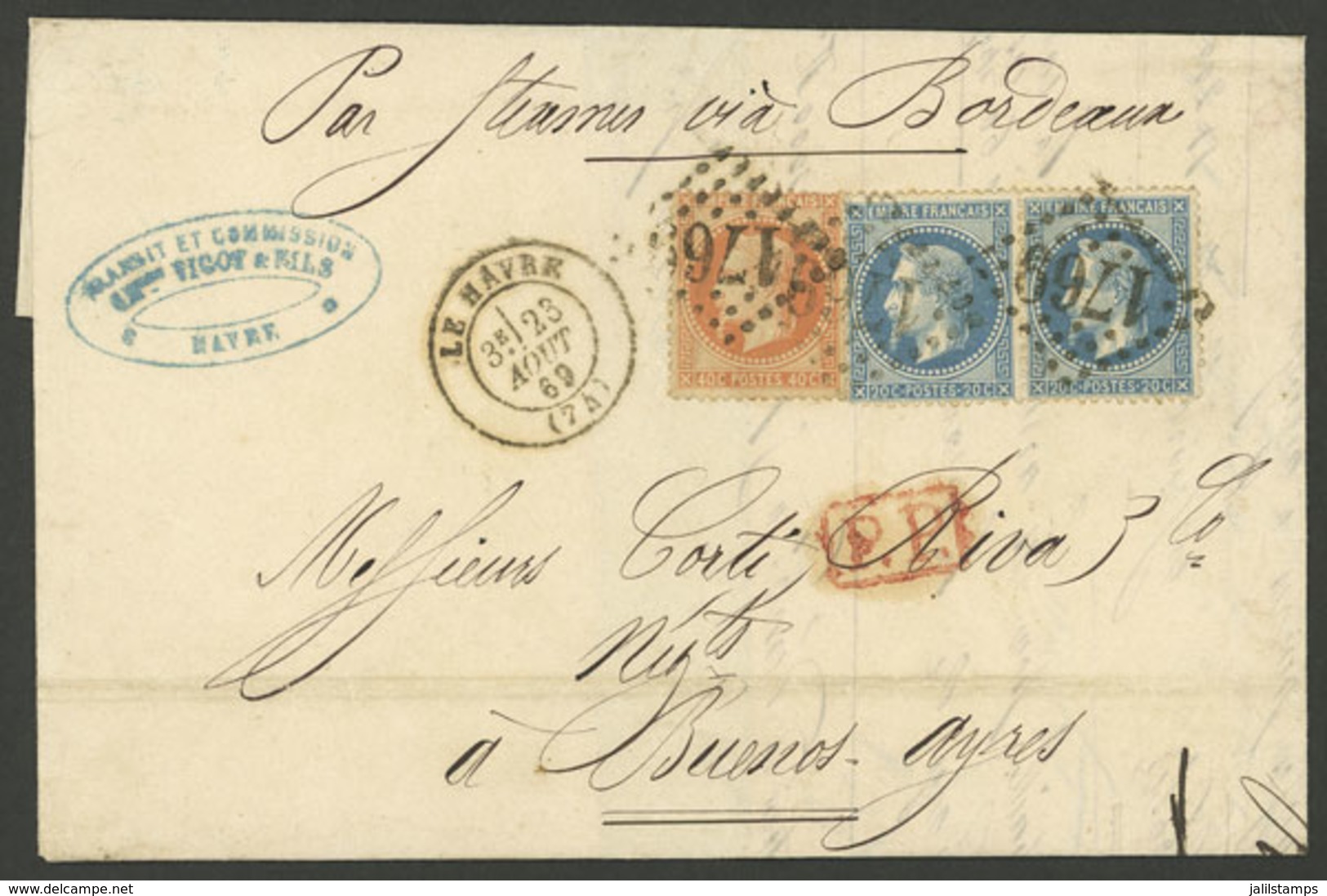 FRANCE: 23/AU/1869 Le Havre - Buenos Aires "by Steamer Via Bordeaux", Folded Cover Franked With 80c., With Numeral Cance - 1863-1870 Napoleone III Con Gli Allori