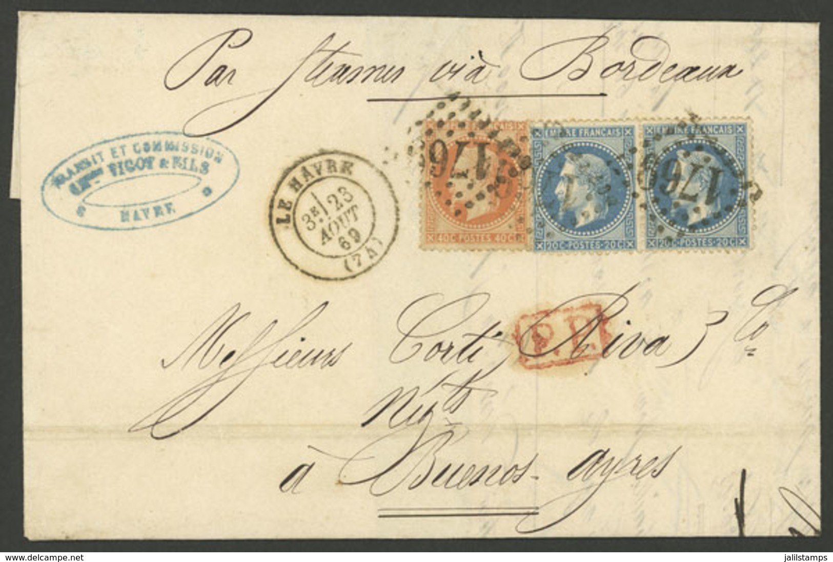 FRANCE: 23/AU/1869 Le Havre - Buenos Aires "by Steamer Via Bordeaux", Folded Cover Franked With 80c., With Numeral Cance - 1863-1870 Napoleon III With Laurels