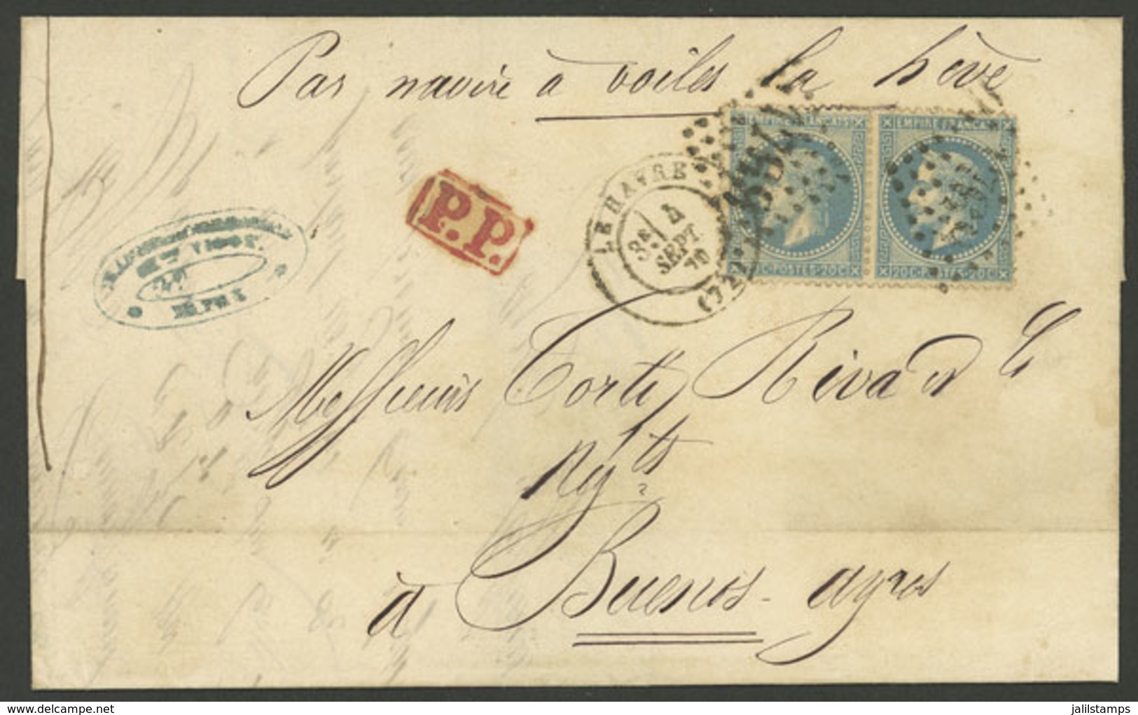 FRANCE: 4/SE/1870 Le Havre - Buenos Aires "by Sailing Ship From Le Havre", Folded Cover Franked With 40c. (pair 20c. Nap - 1863-1870 Napoléon III. Laure