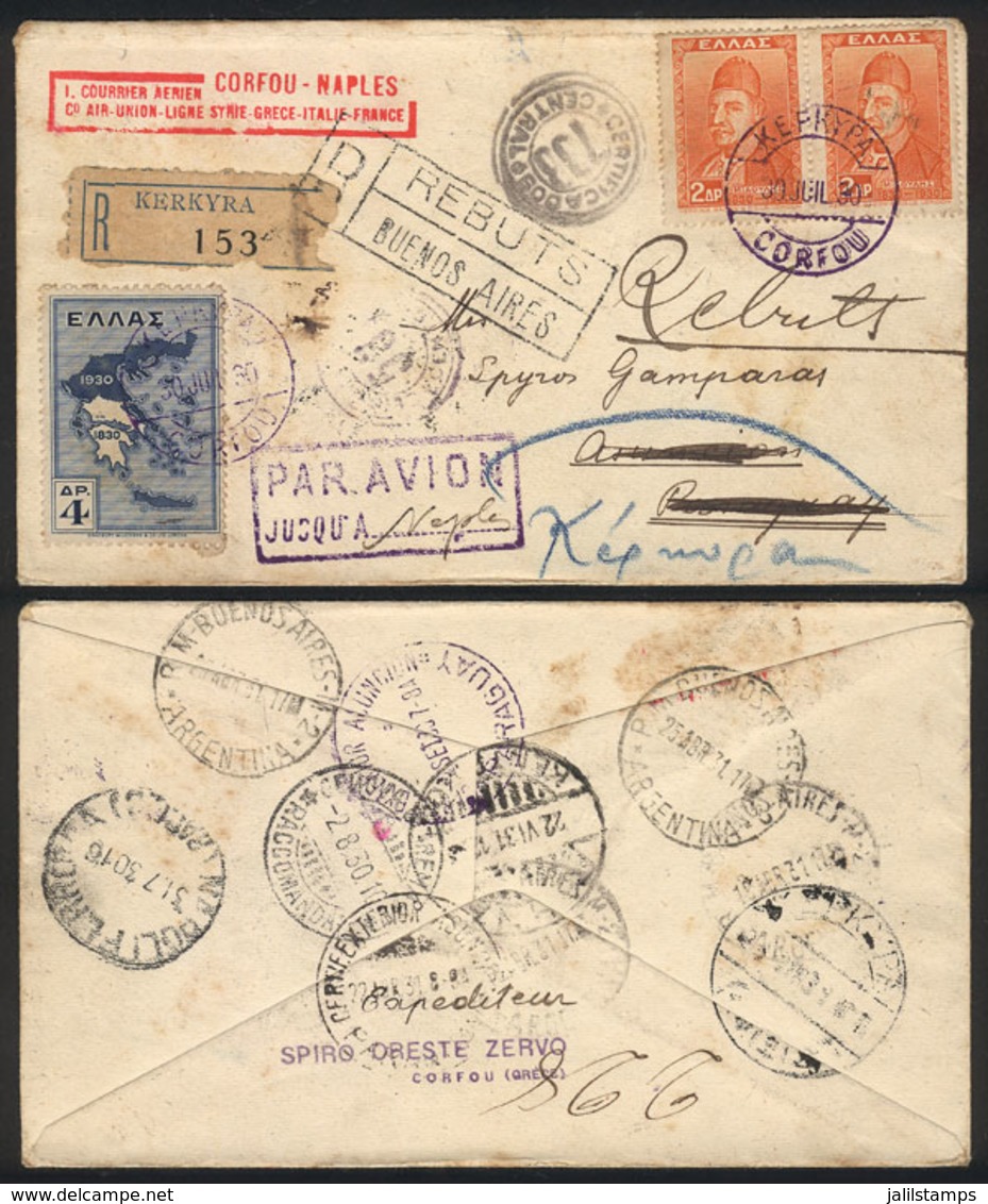 GREECE: 30/JUL/1930 Kepkypa (Corfou) - Italy - Paraguay - Argentina And Returned To Sender, Cover Carried On FIRST FLIGH - Cartas & Documentos