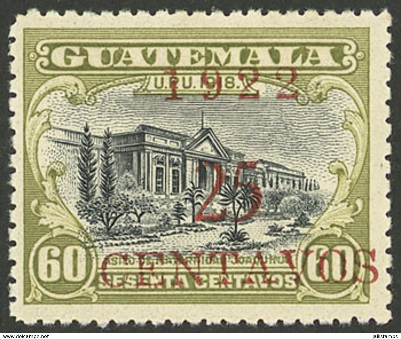 GUATEMALA: Sc.182, 1922 25c. On 60c. With Red Overprint, Mint With Tiny And Almost Invisible Hinge Mark (it Appears To B - Guatemala