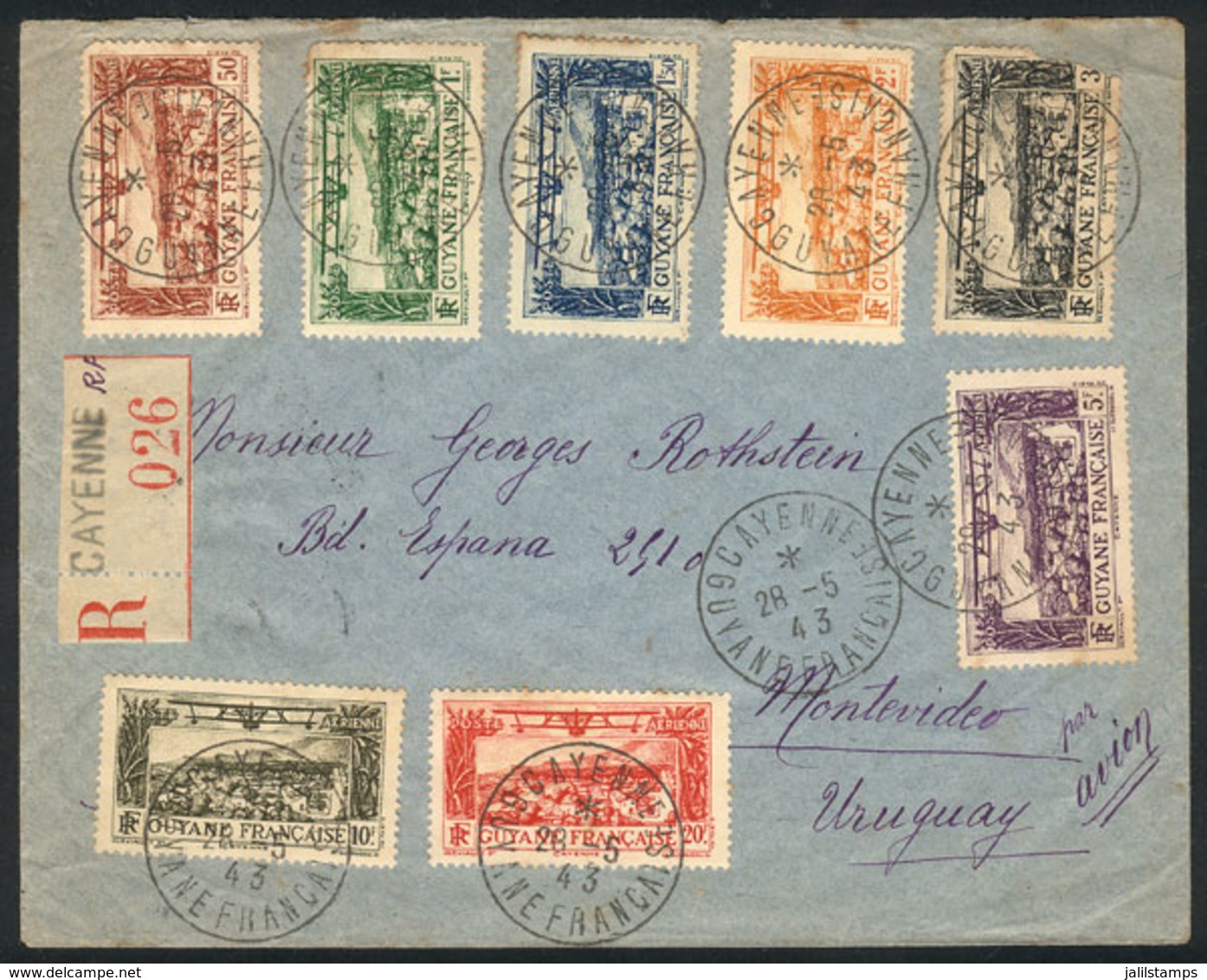 FRENCH GUIANA: 28/MAY/1943 Cayenne - Uruguay, Registered Airmail Cover Franked With Complete Set Sc.C1/C8 (the 3Fr. Valu - Covers & Documents