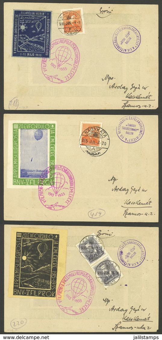 HUNGARY: 3 Cards Flown By Balloon In JUN/1935, All With Different Cinderellas, Very Nice! - Covers & Documents