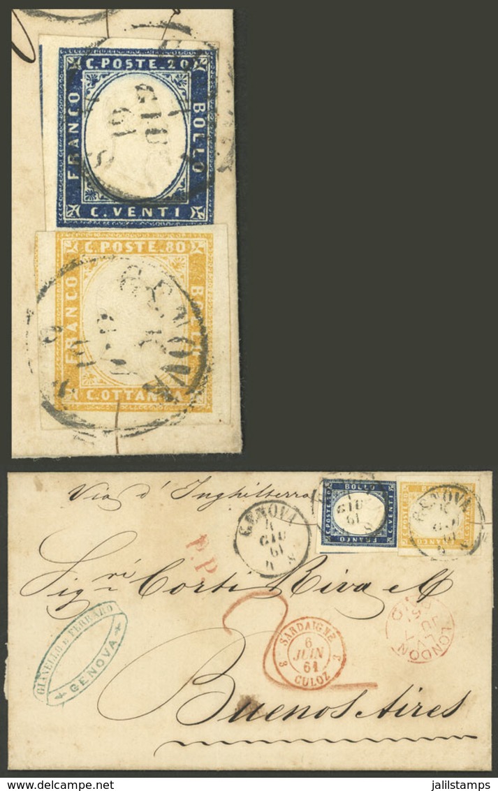 ITALY: 4/JA/1861 Genova - Buenos Aires By British Mail, Folded Cover Franked With 1L. (20c. + 80c. Of Sardinia, Sc.12+14 - Sonstige & Ohne Zuordnung