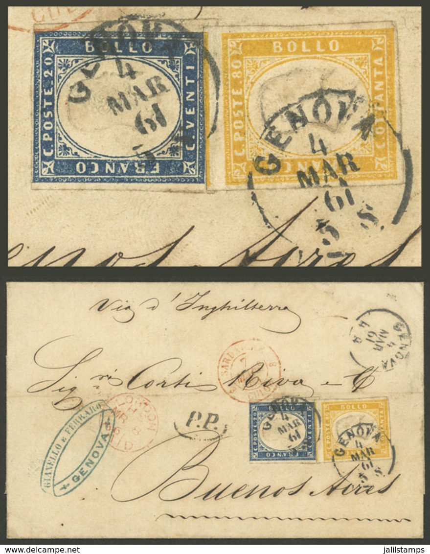 ITALY: 4/MAR/1861 Genova - Buenos Aires By British Mail, Folded Cover Franked With 1L. (20c. + 80c. Of Sardinia, Sc.12+1 - Sonstige & Ohne Zuordnung