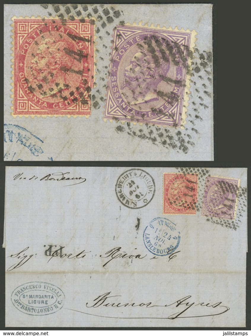 ITALY: 21/NO/1868 Sta. Margherita Ligure - Buenos Aires By French Mail, Folded Cover Franked By Sc.31 + 32, Very Nice! - Otros & Sin Clasificación