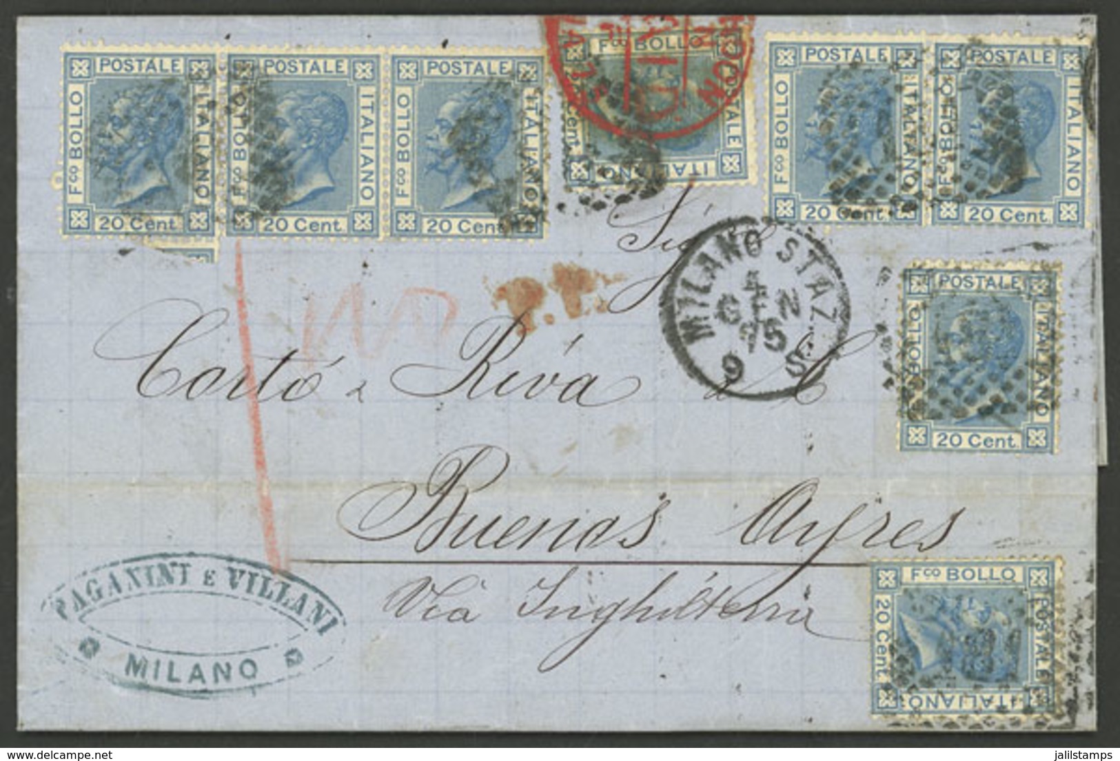 ITALY: 4/JA/1875 Milano - Buenos Aires By British Mail, Entire Letter With Spectacular Postage Of 1.60L. (Sc.35 X8) With - Otros & Sin Clasificación