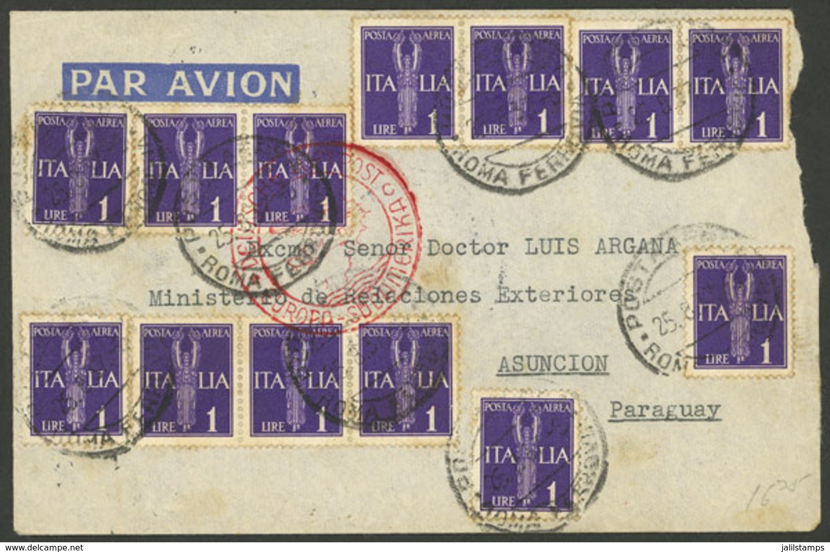 ITALY: 25/AU/1937 Roma - Paraguay, Airmail Cover Sent By Germany DLH With Notable 13L. Franking, On Back Transit Mark Of - Other & Unclassified