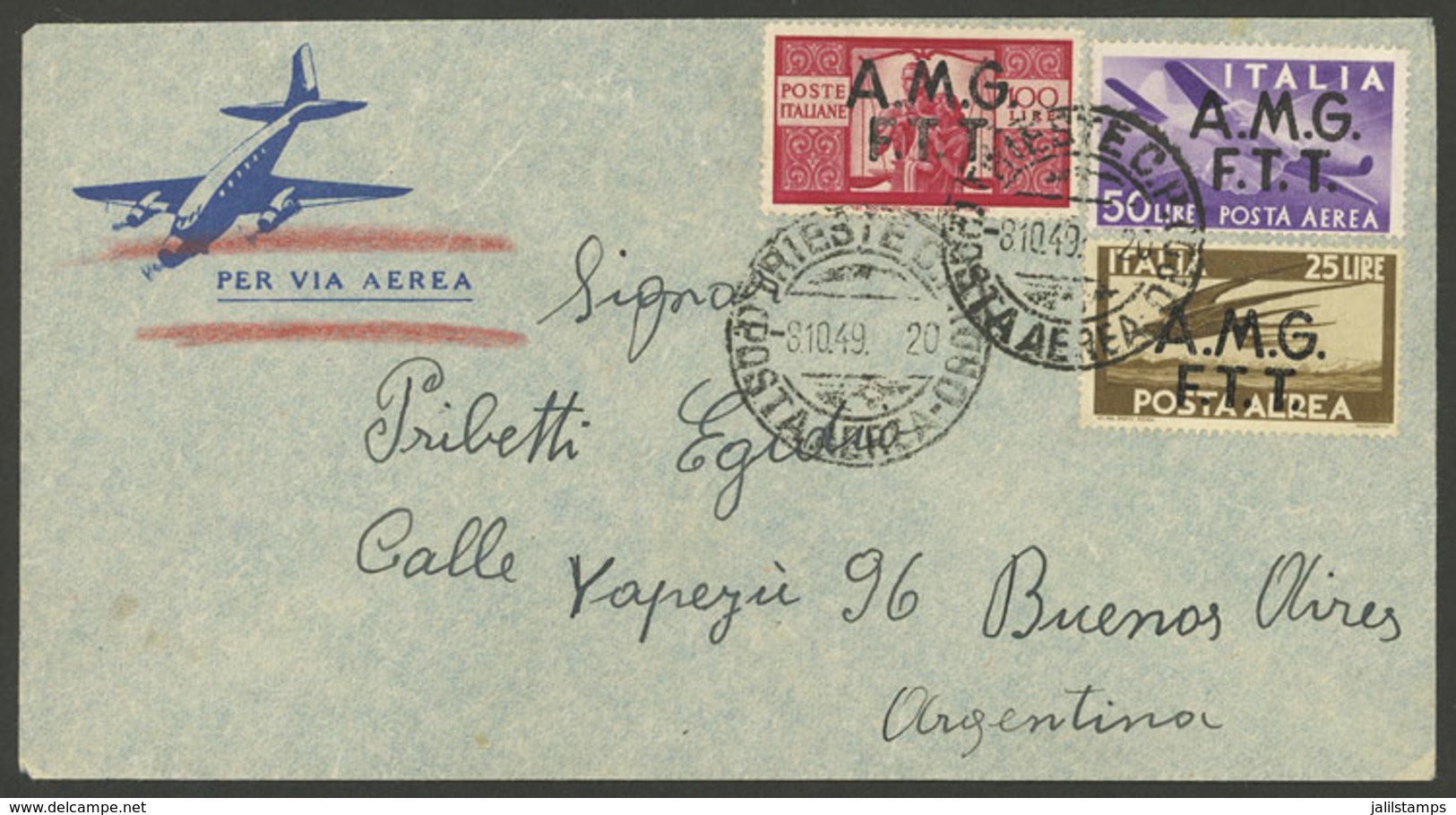 ITALY - TRIESTE: 8/OC/1949 Trieste - Buenos Aires, Airmail Cover With Handsome 175L. Franking, VF Quality! - Other & Unclassified