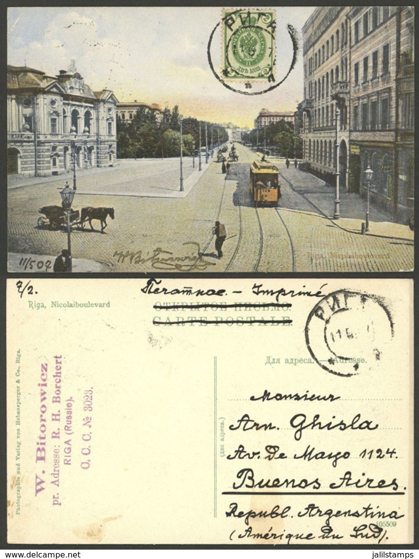 LATVIA: 11/MAY/1907 RIGA - Buenos Aires, Postcard With View Of Nicolai Boulevard, Franked With 2k., VF Quality! - Lettland