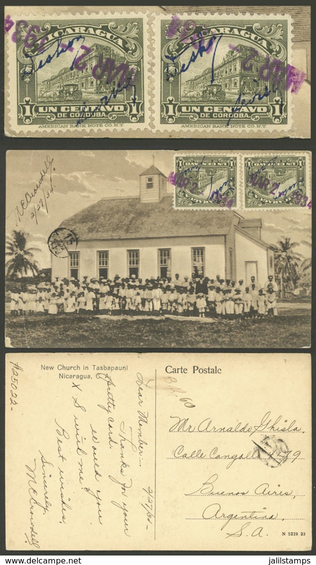 NICARAGUA: 2/JUL/1934 TASBAPAUNI - Argentina, Postcard With View Of Church, Franked With 2c. (2x Sc.513 With Control Ove - Nicaragua