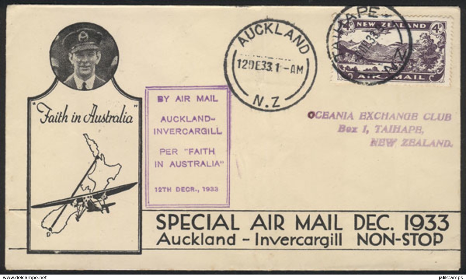 NEW ZEALAND: 12/DE/1933 Cover Carried On The First Auckland - Invercargill Non-stop Flight (arrival Backstamp), Franked  - Cartas & Documentos