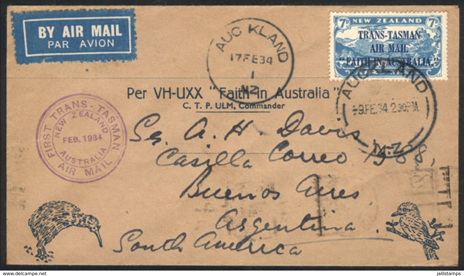 NEW ZEALAND: 9/FE/1934 Auckland - Argentina, Special Cover Franked By Sc.C5, Flown On The First Trans-Tasmania Airmail O - Storia Postale